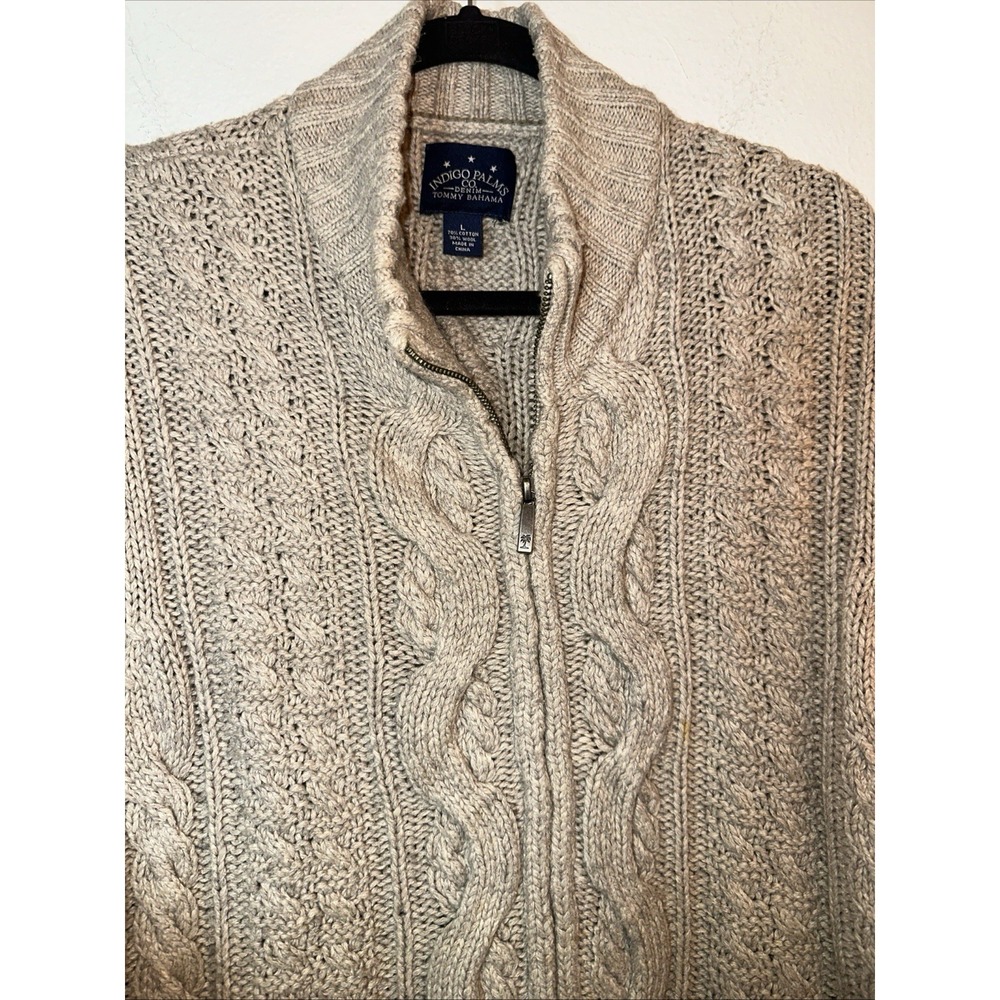 Tommy Bahama Indigo Palms Cable Knit Sweater Full Zip Wool Blend Chunky M Large - Picture 4 of 9